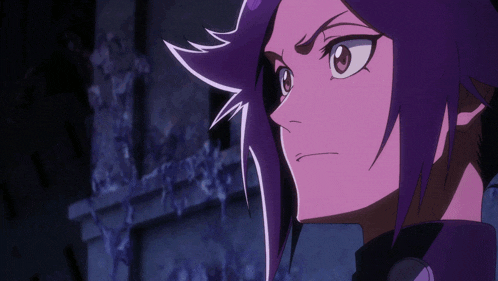 a purple haired anime character with a serious look on his face