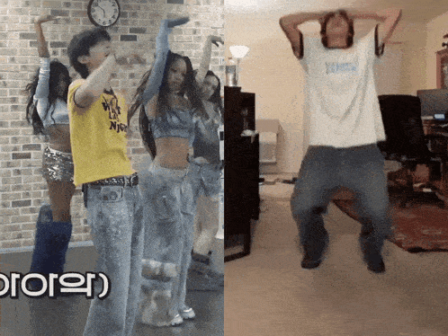 a group of people dancing next to a man wearing a white shirt that says ' young '
