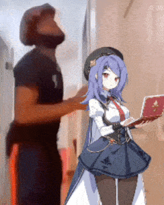 a man is standing next to a girl with purple hair holding a book ..
