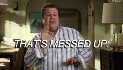 a man in a striped shirt is making a funny face and saying that 's messed up .