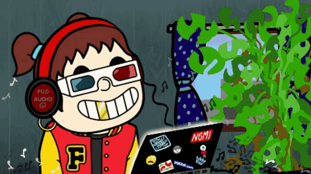 a cartoon of a girl wearing headphones and holding a laptop that says ngmi on it