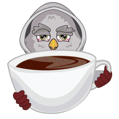 a cartoon of an owl holding a cup of coffee with the words i 'll sleep after i travel