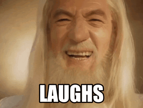 a man with a beard is laughing with the word laughs above his head