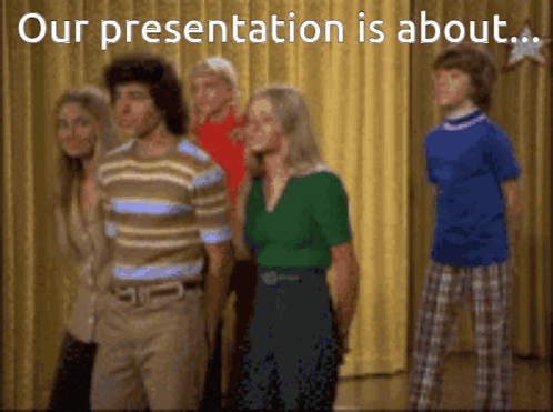 a group of people standing in front of a yellow curtain with the words " our presentation is about "