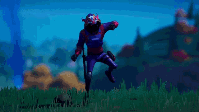 a video game character is standing in the grass with a gun