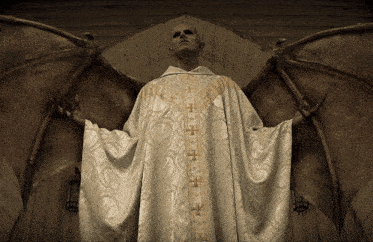 a man in a white robe with gold crosses on the sleeves has wings