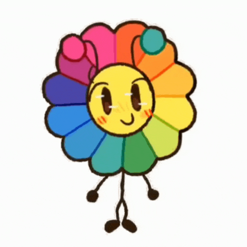 a cartoon drawing of a colorful flower with a face and arms .