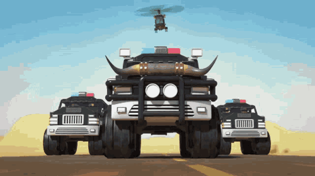 a helicopter is flying over a group of cartoon police cars