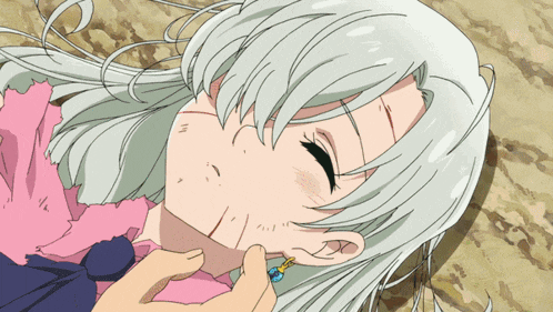 a girl with white hair is laying on the ground with a hand touching her neck