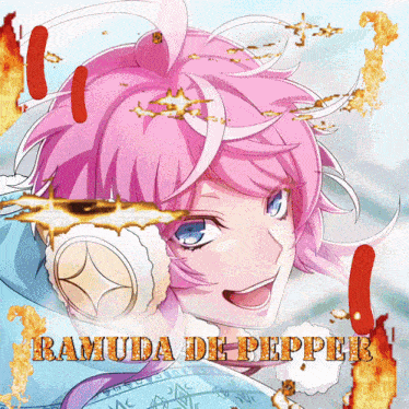 a picture of a girl with pink hair and the words ramuda de pepper