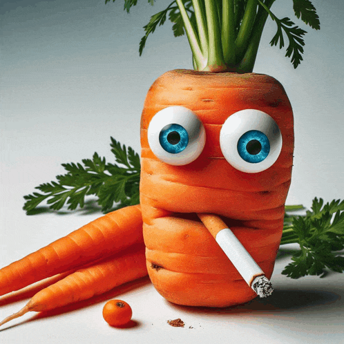 a carrot with blue eyes and a cigarette in it 's mouth
