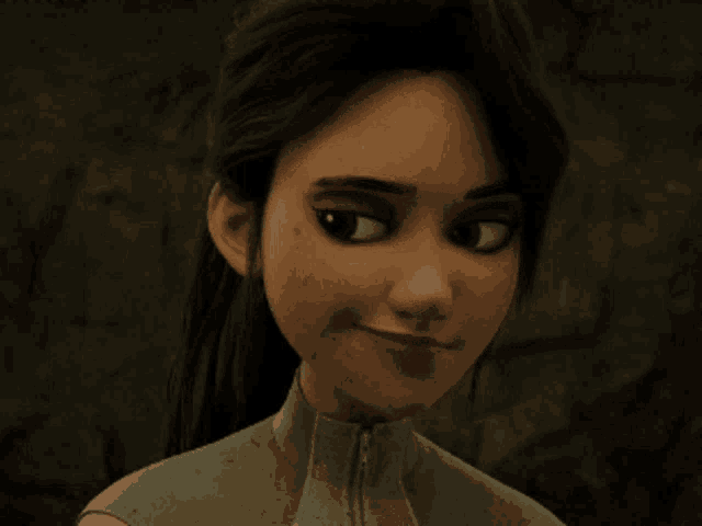 a close up of a cartoon character 's face with dark hair