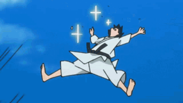 a cartoon of a girl kicking a man in the air with a blue sky in the background