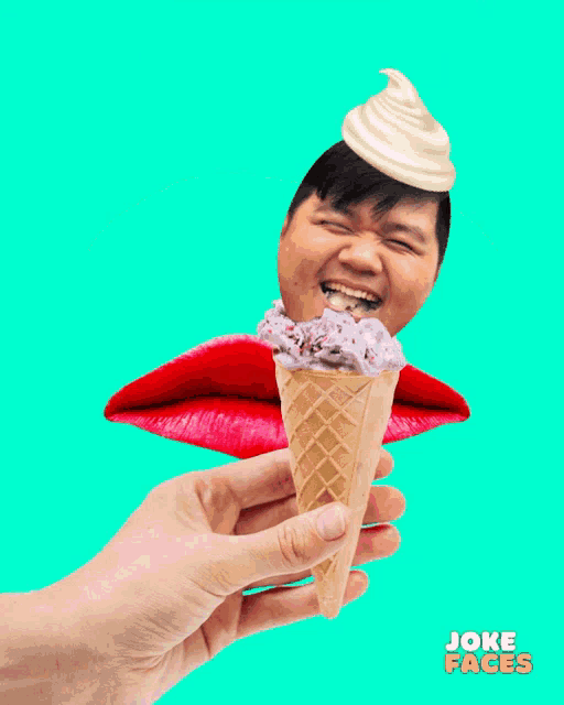 a person is holding an ice cream cone with a man 's face on top of it