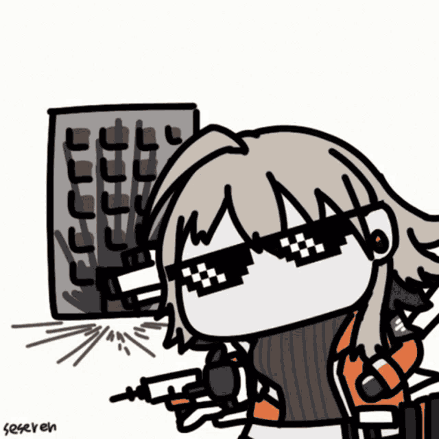 a drawing of a girl wearing sunglasses and holding a gun with the word seseven written below her