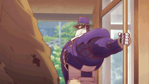 a cartoon drawing of a man in a purple suit and hat