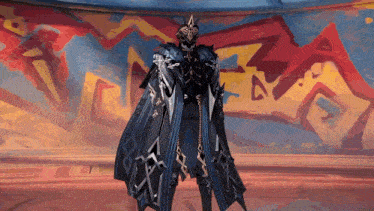 a video game character is standing in front of a graffiti wall