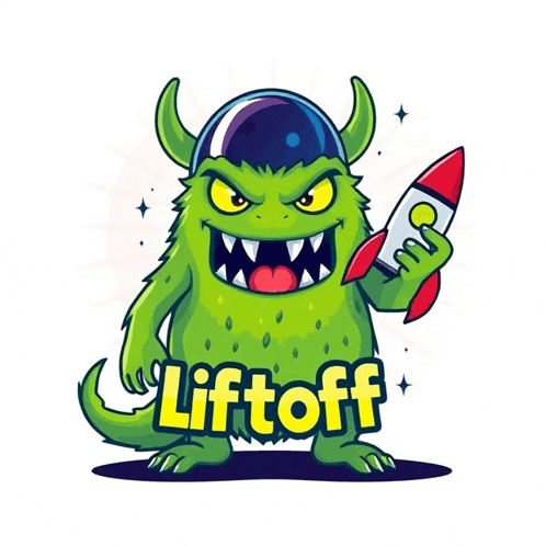 a green monster is holding a rocket with the word liftoff written on it