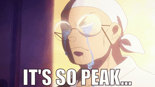 a man wearing glasses is crying with the words it 's so peak written below him