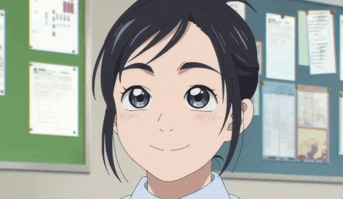 a close up of a girl 's face with a bulletin board behind her