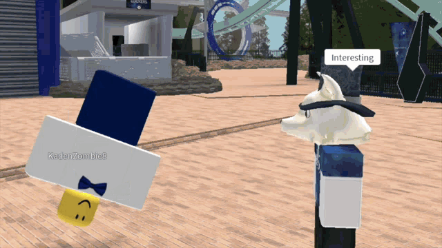 a video game character is standing next to a statue of a wolf and says interesting