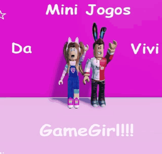 a girl and a boy are standing next to each other with the words mini jogos da vivi gamegirl