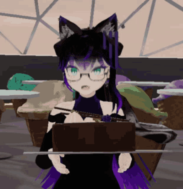 a cartoon character with purple hair and glasses holding a box