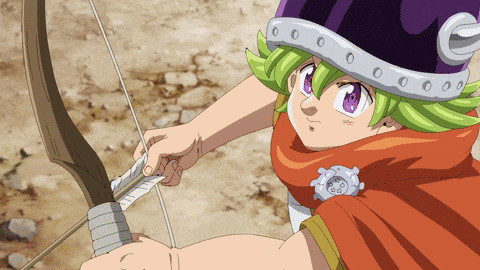 a cartoon character with green hair is holding a bow
