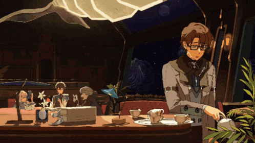 a man with glasses is standing in front of a table with cups and saucers
