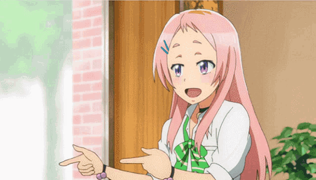 a girl with pink hair and purple eyes pointing