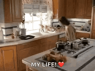 a woman is cooking in a kitchen with the words my life on the counter