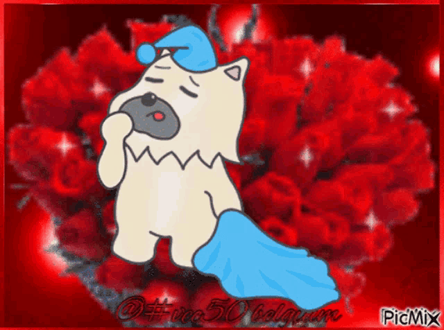a cartoon of a cat with a blue blanket on its back and the words picmix on the bottom