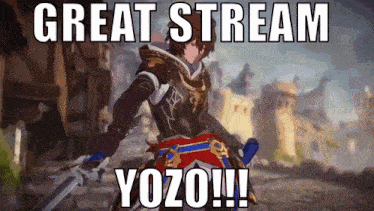 a video game character is holding a sword and the words `` great stream yozo !! ''