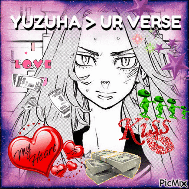 a picture of a girl with a heart that says my heart and a stack of money