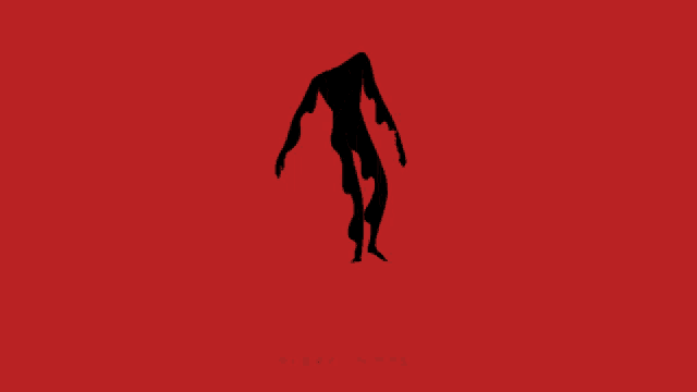 a silhouette of a man covering his face with his hand on a red background with the letters o and m below him