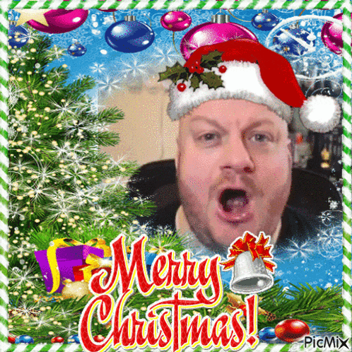 a christmas card with a man wearing a santa hat and the words merry christmas on it