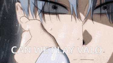 a close up of a person 's face with the words " can we play valo " written below it
