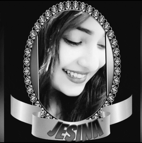 a black and white photo of a girl with the name jesina