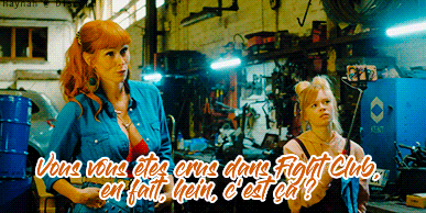 two women standing next to each other with the words vous vous etes arms dans fight club