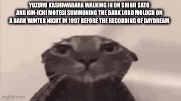 a cat is walking in on shinji sato and kin-ichi motegi summoning the dark lord moloch