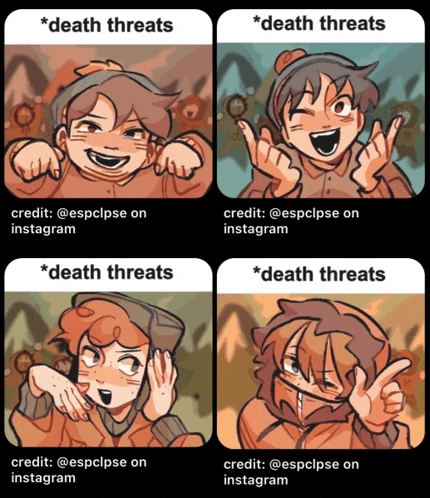 four pictures of south park characters with the words death threats on the bottom