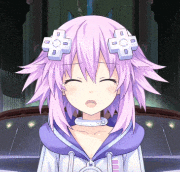 a purple haired anime character with a white cross on her head