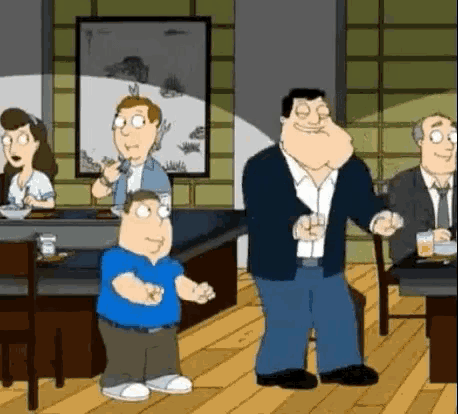 a group of cartoon characters are dancing in a restaurant while sitting at tables .