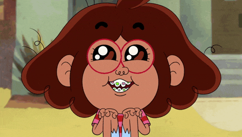 a cartoon girl with braces on her teeth looks at the camera