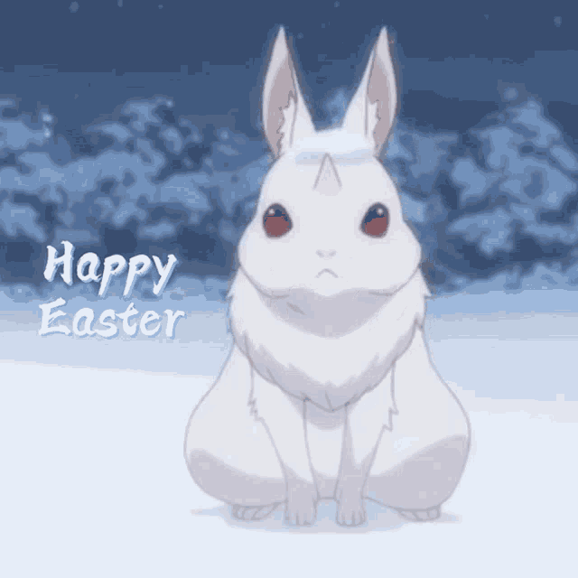 a white rabbit is sitting in the snow with the words happy easter written above it