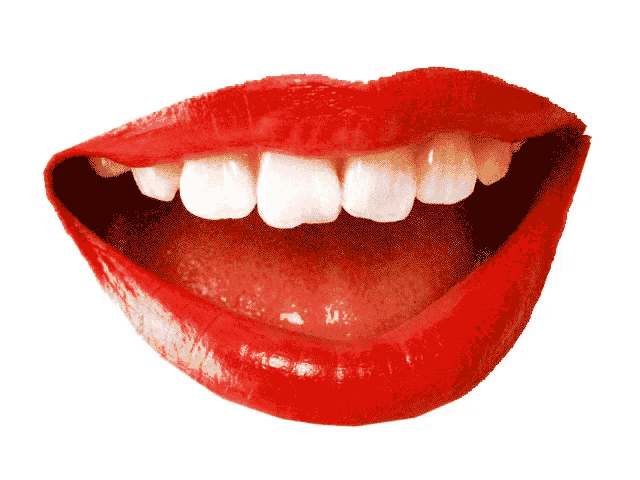 a close up of a woman 's mouth with red lipstick