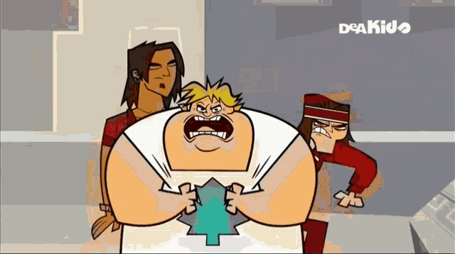 three cartoon characters are standing next to each other with the word deakids on the bottom right