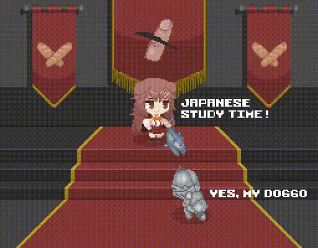 a pixel art of a girl sitting on a throne with japanese study time