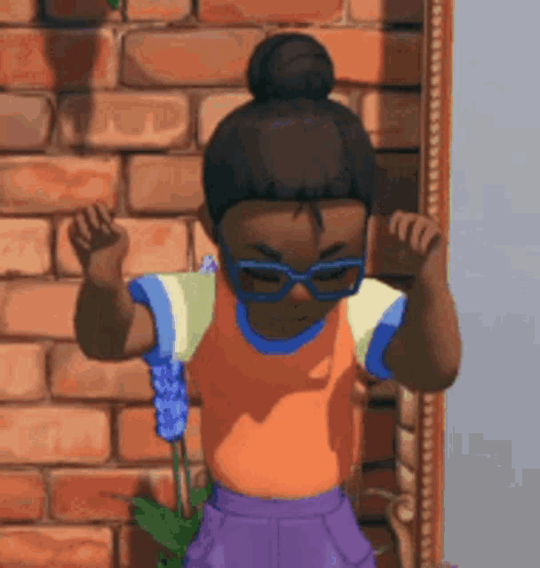 a little girl wearing sunglasses and a bun stands in front of a brick wall .