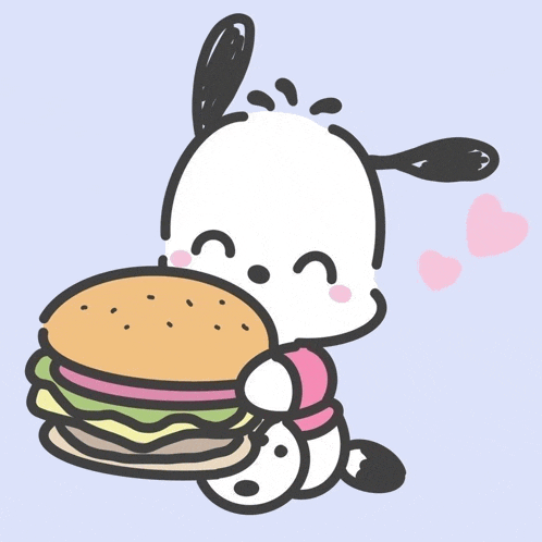 a cartoon drawing of a dog eating a hamburger with hearts in the background